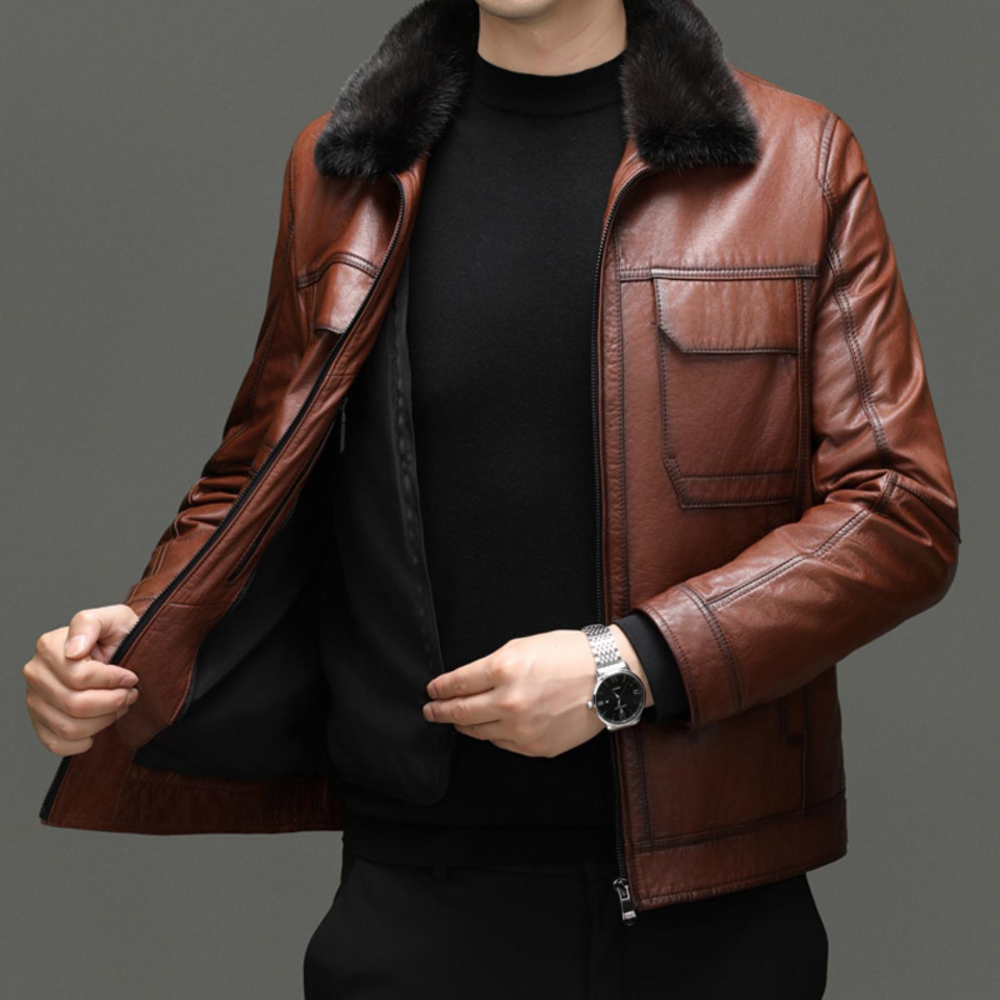 普洛克正品03-1冬季男士海宁真皮羽绒服牛皮夹克鹅绒内胆百搭外套