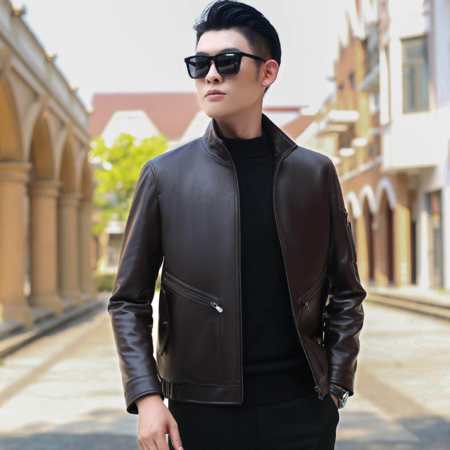 新款真皮皮衣男士绵羊皮短款小立领修身帅气机车夹克薄款外套春秋