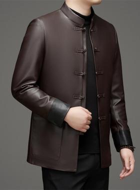 普洛克正品MJ7795秋冬新款男士皮衣中唐装绵羊皮真皮皮衣男