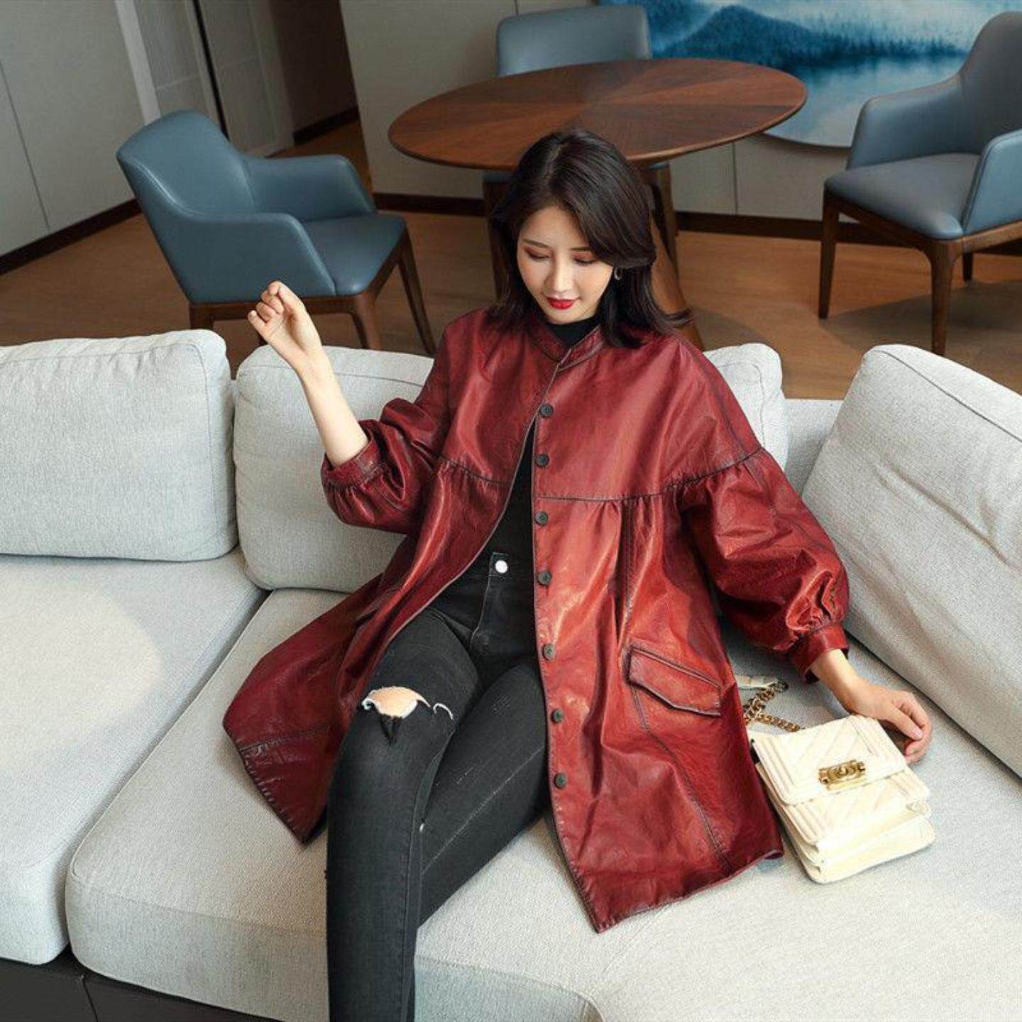 普洛克正品女装 春秋真皮皮衣女中长绵羊皮斗篷型宽松韩版皮外套