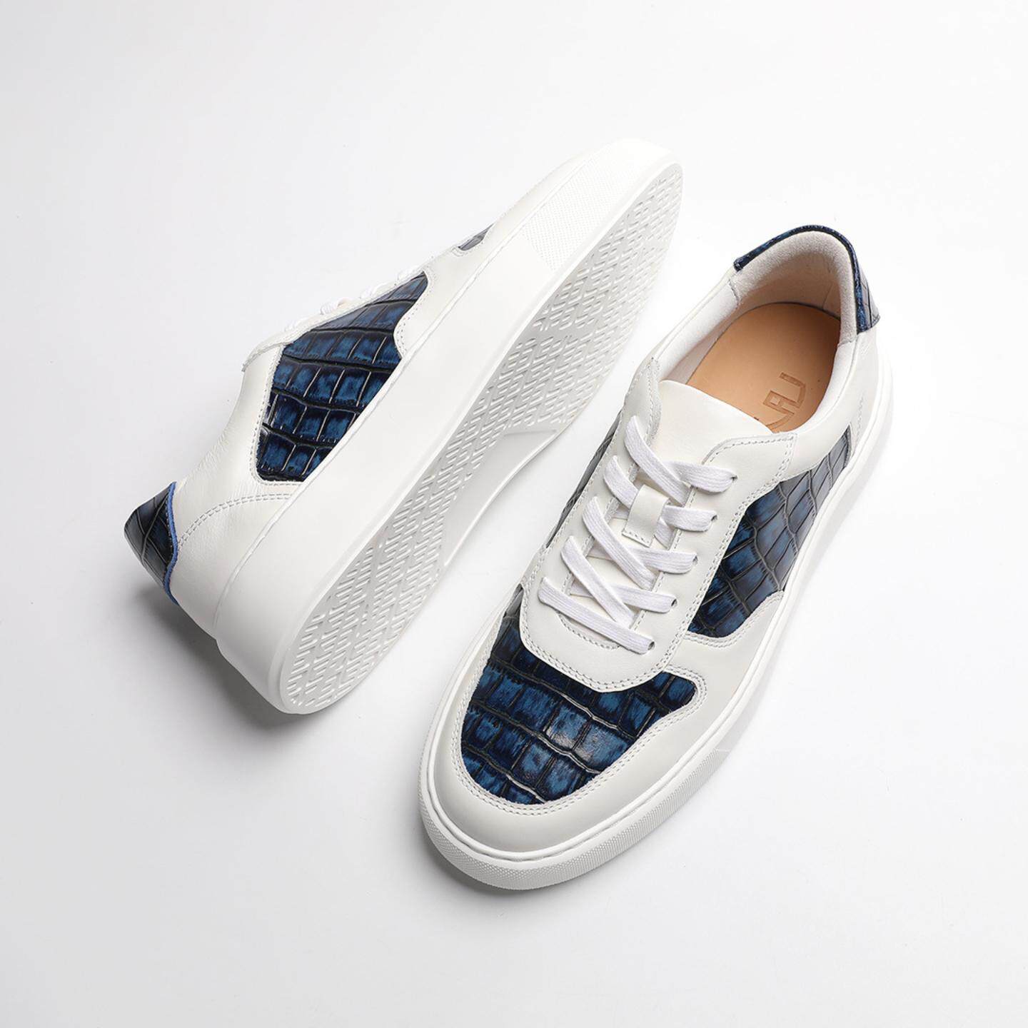 春款运动休闲板鞋头层牛皮鳄鱼纹男士潮流百搭透气真皮鞋子男