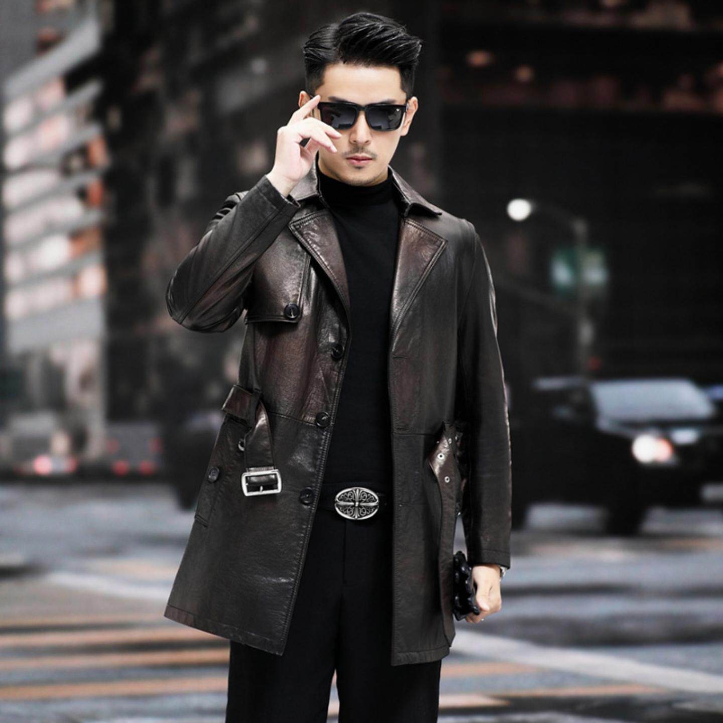 海宁真皮风衣男中长款秋冬头层牛皮西装领皮大衣腰带皮衣外套