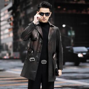 海宁真皮风衣男中长款 领皮大衣腰带皮衣外套 秋冬头层牛皮西装