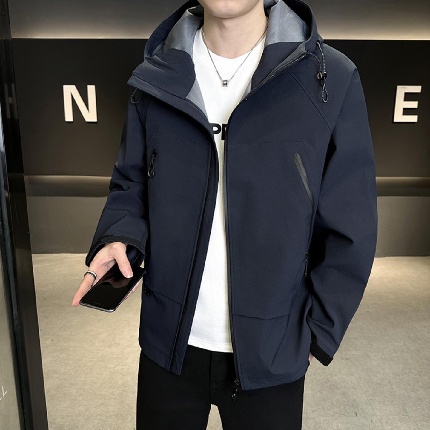 普洛克男装新款 春新款纯色连帽夹克时尚百搭冲锋衣户外三防外套