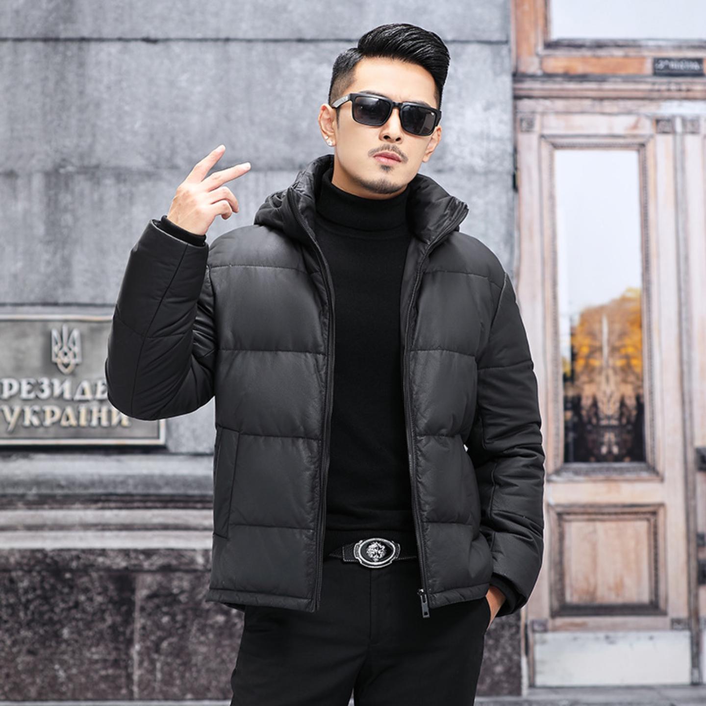 普洛克正品男装 牛皮羽绒服脱卸帽真皮皮衣短皮夹克硬朗风范