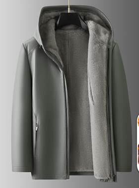 普洛克男装新款 冬皮毛一体服真皮头层牛皮大衣仿貂绒内胆加厚