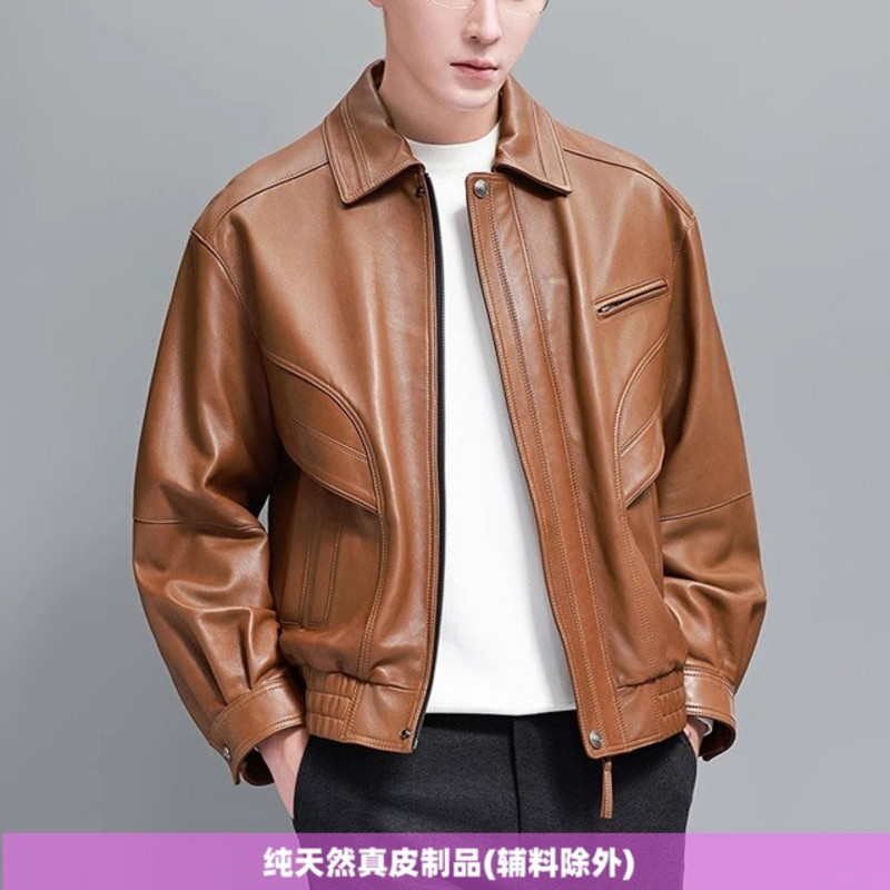 普洛克正品A级绵羊皮男翻领宽松