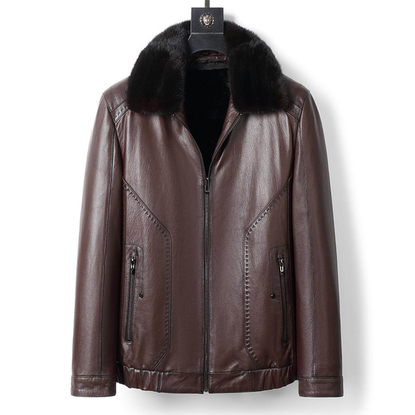 普洛克正品中老年山羊皮夹克可拆卸水貂内胆冬季毛领外套爸爸装厚