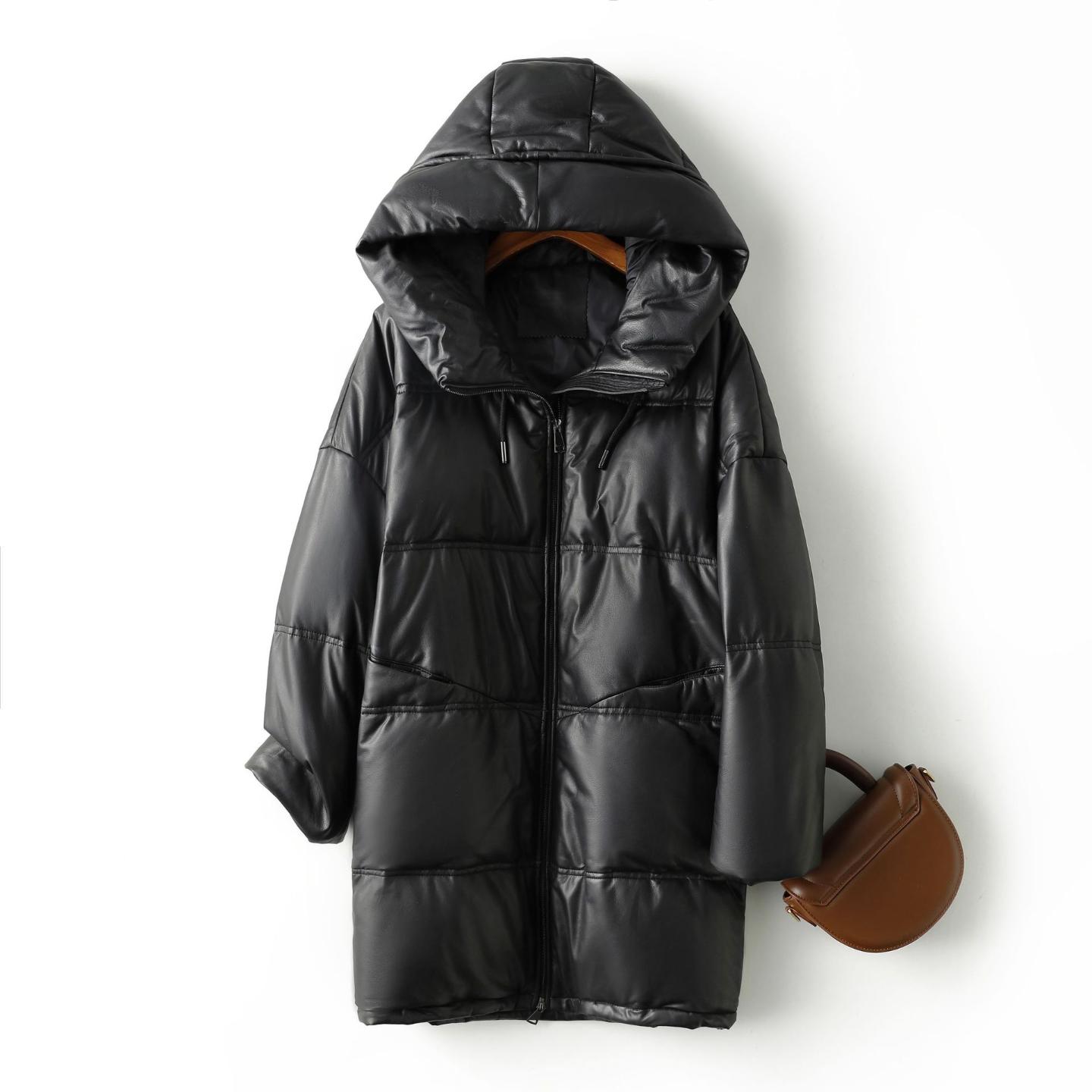 普洛克正品外贸热销女装连帽羽绒绵羊皮真皮连帽保暖厚外套