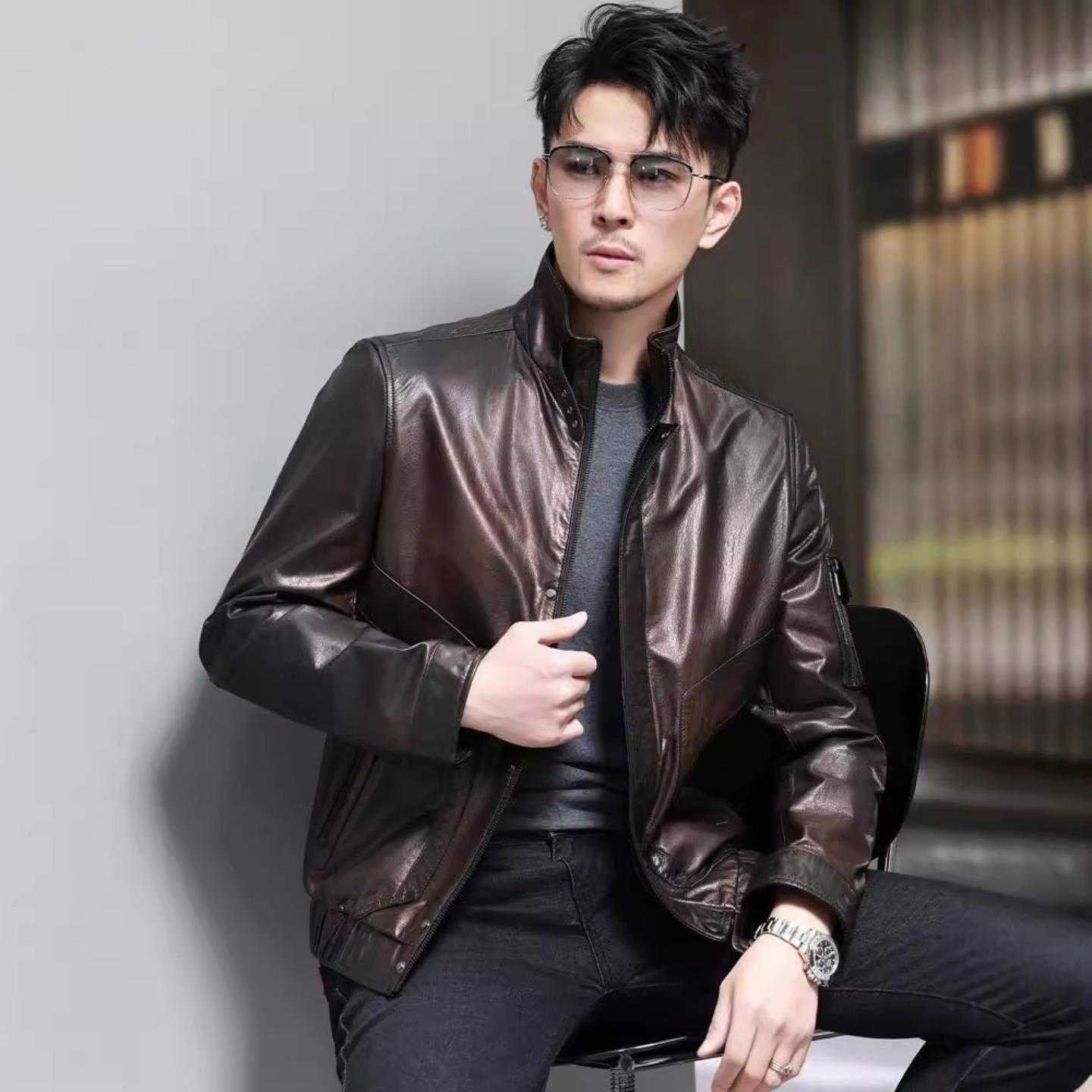【普洛克】新款 真皮皮衣男士短款立领头层牛皮春秋皮夹克青年休