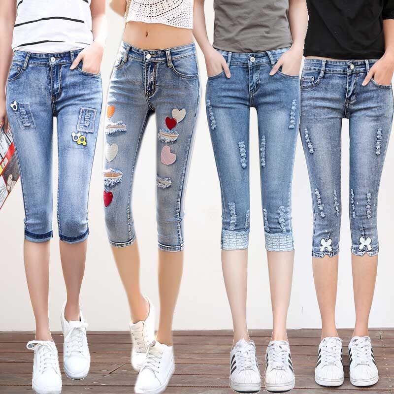 修身刺绣夏季七分牛仔裤弹力短裤小脚裤破洞爱心女生韩版薄款中裤|ruв категории Женская одежда, джинсы - от Buy2taobao.com для оказания профессиональной услуги покупки агента Taobao