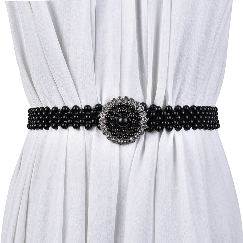 松紧黑色珍珠腰带女士宽装饰束腰