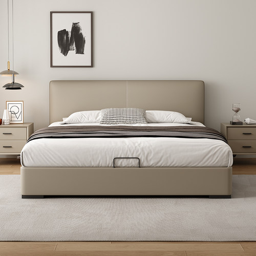 意式极简真皮床箱体储物主卧大床