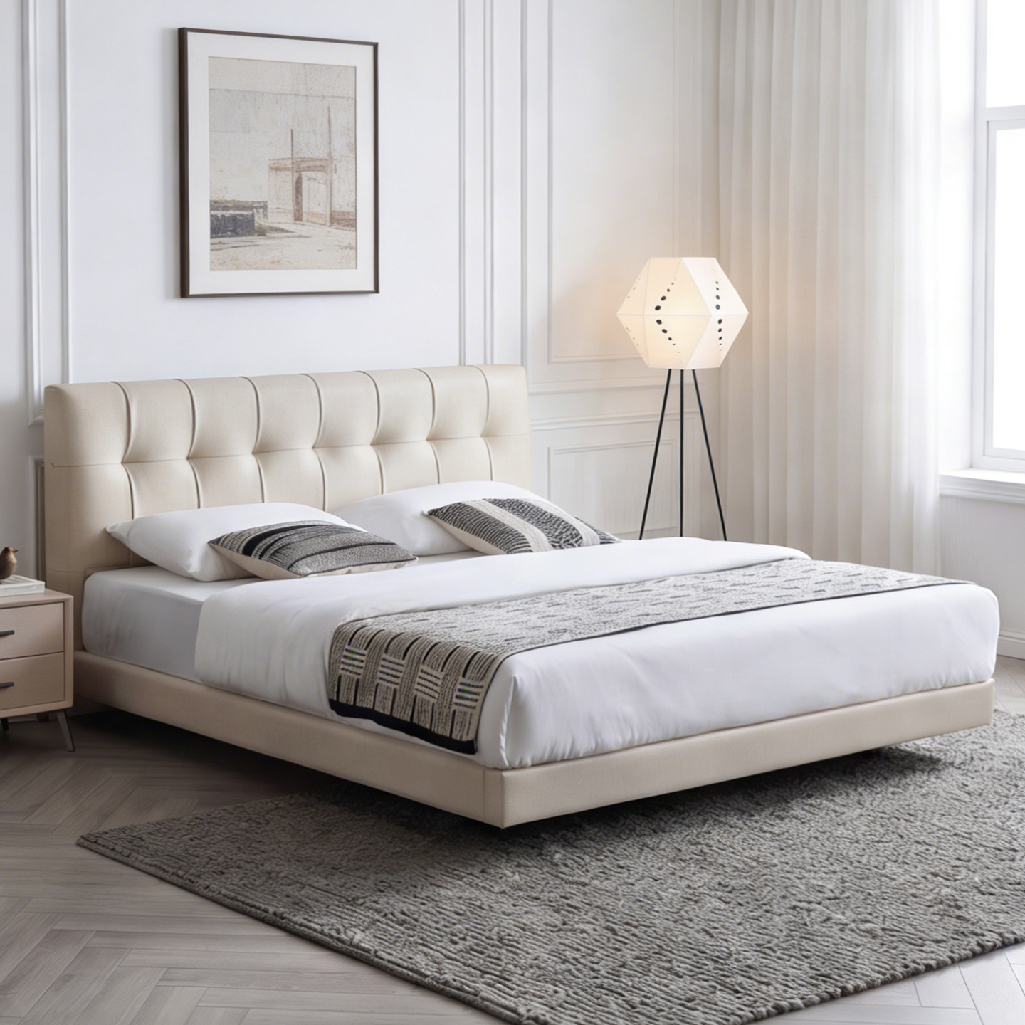 法式奶油风华夫格真皮床白色女生卧室悬浮床意式极简双人主卧大床