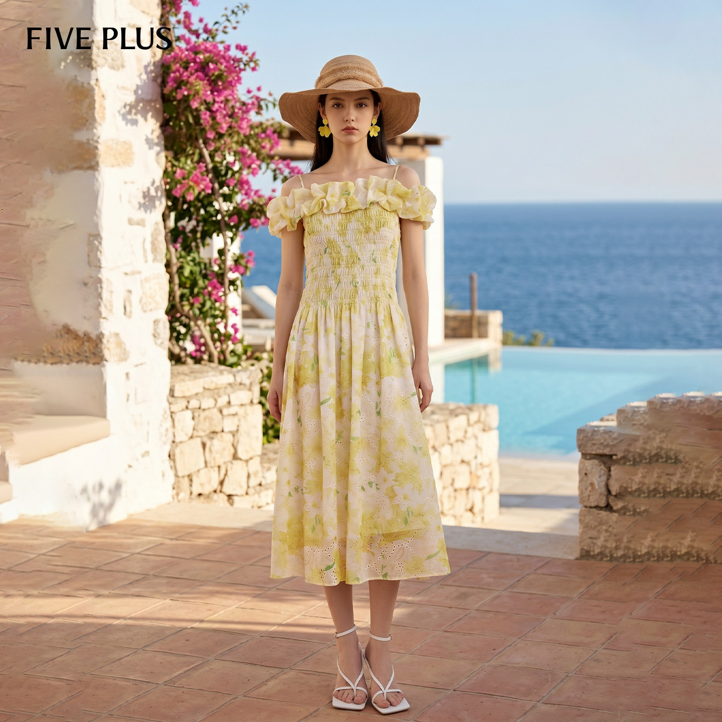 FIVE PLUS女夏装波嬉风海边度假泡泡袖A字高腰碎花吊带裙连衣裙