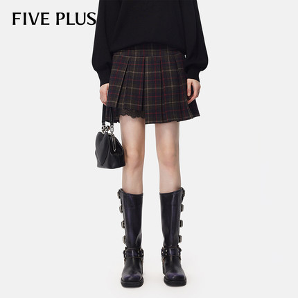 FIVE PLUS羊毛呢半身裙女A字百褶短裙格子英伦风jk女秋装