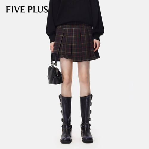 FIVE PLUS羊毛呢半身裙女A字百褶短裙格子英伦风jk女秋装