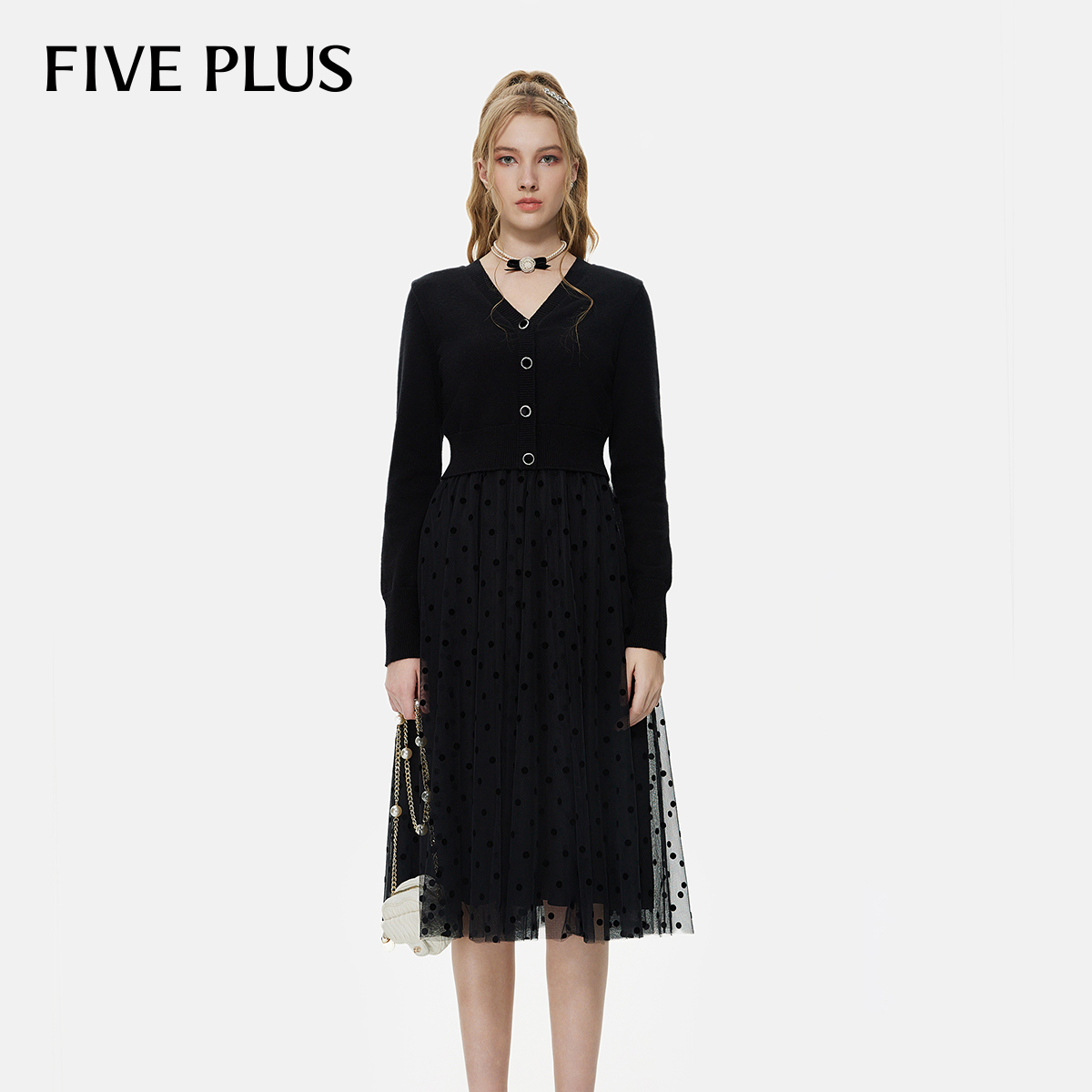 FIVEPLUS毛织网纱拼接连衣裙