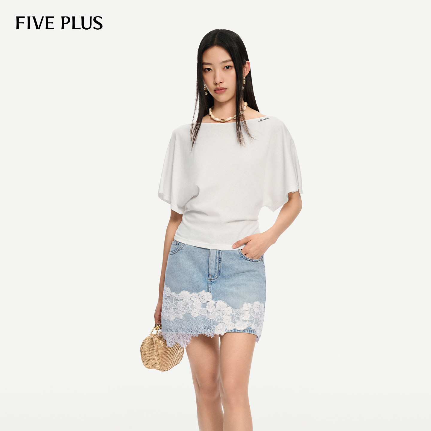 FIVE PLUS短袖T恤女2026新款夏斜肩两穿收腰绑带韩系简约百搭上衣