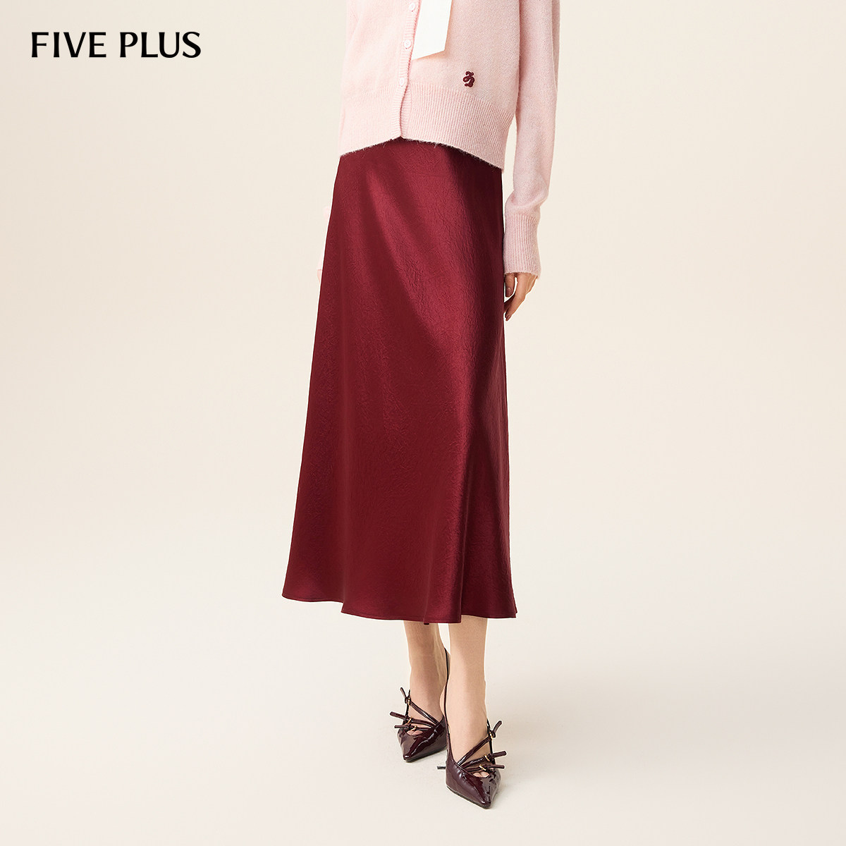 FIVE PLUS醋酸缎面半身裙女静奢通勤长裙安可拉红,女装/女士精品,半身裙,淘宝优惠券,粉丝福利购,淘宝优惠卷