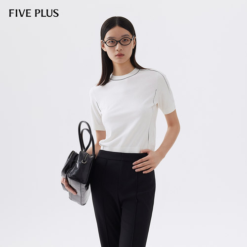 FIVE PLUS甜美风针织衫女上衣撞色设计感宽松圆领短袖套头衫