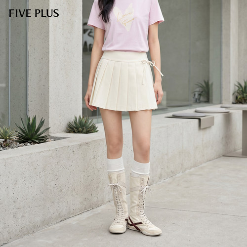 FIVEPLUS蝴蝶结高腰A字百褶短裙