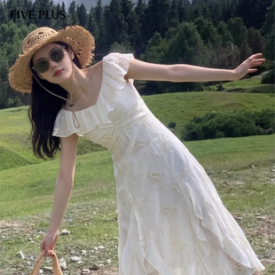FIVE 荷叶边X型中长裙 PLUS优雅气质公主连衣裙女天丝小白裙绣花款