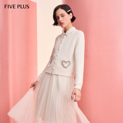 FIVE PLUS100%羊毛针织衫女优雅通勤开衫排扣爱心