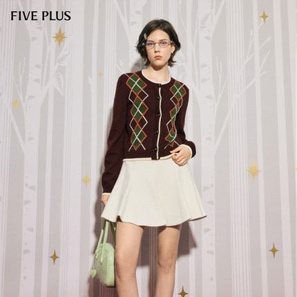 FIVE PLUS毛织复古撞色菱格绵羊毛软糯针织开衫2026新款女春装