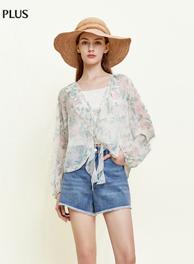FIVE PLUS女夏装波嬉风海边度假V领浪漫印花系带上衣女装