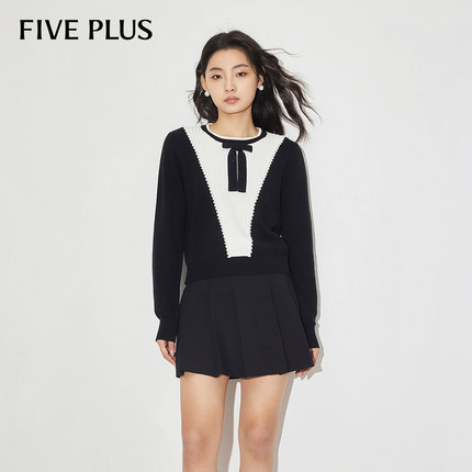 FIVE PLUS针织衫女上衣圆领撞色设计感蝴蝶结毛衣