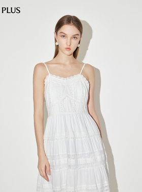 FIVE PLUS优雅拼接蕾丝绣花连衣裙女花边度假吊带中长小白裙高腰