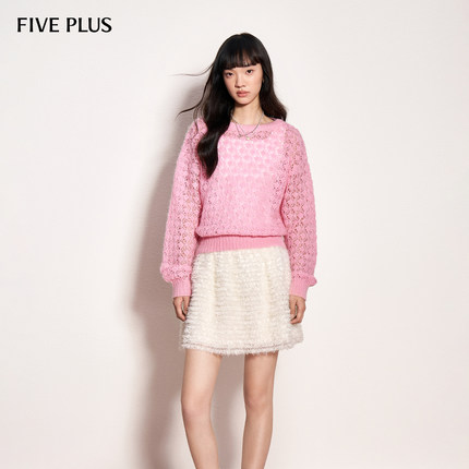 FIVE PLUS毛织别致镂空小众长袖马海毛毛织套头衫2026新款女春装