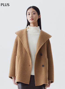 FIVE PLUS羊毛双面呢大衣连帽羊驼毛呢料外套通勤高级感毛呢外套