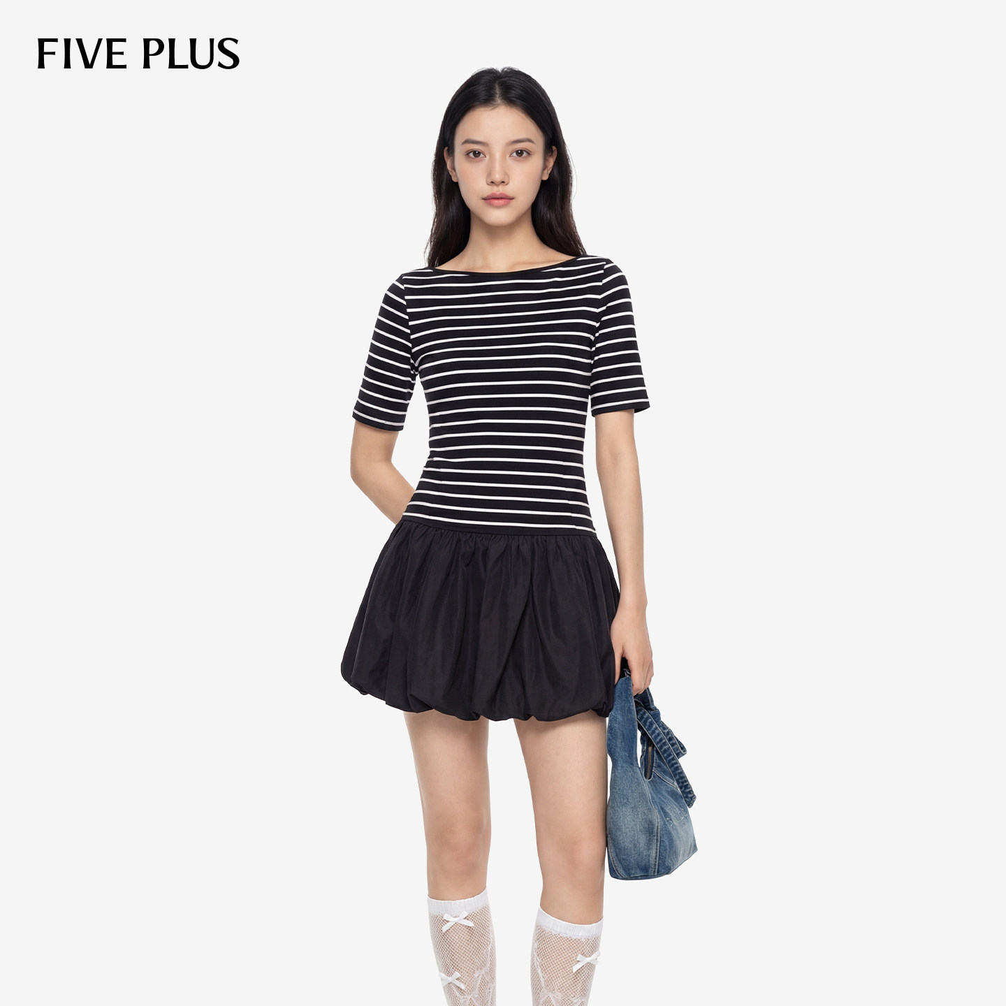 FIVE PLUS立体拼接黑白条A字甜酷少女感短袖收腰连衣裙女夏装