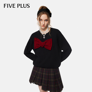 女春装 可拆蝴蝶结设计感圆领上衣2026新款 PLUS毛衣女针织衫 FIVE
