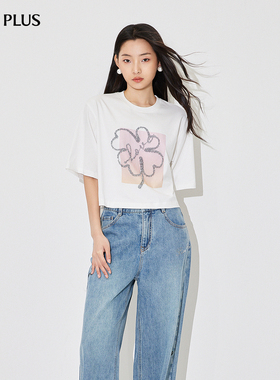 FIVE PLUST恤女短袖上衣宽松落肩纯棉亮片花朵小众2024新款女夏装