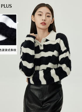 FIVE PLUS针织衫女polo领粉色条纹短款慵懒风毛衣