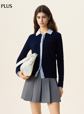 FIVE PLUS智感通勤针织开衫女100%羊毛Polo领上衣2026新款女春装