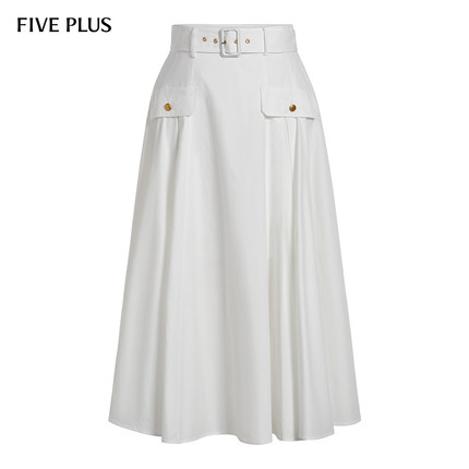 FIVE PLUS半身裙女纯棉中长A字伞裙优雅通勤配腰带