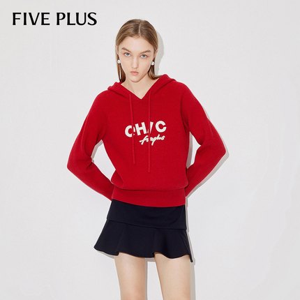 FIVE PLUS针织衫女上衣字母图案宽松连帽套头毛衣