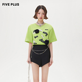 宽松别致纯棉上衣花朵女夏装 FIVE PLUST恤女字母标语短袖