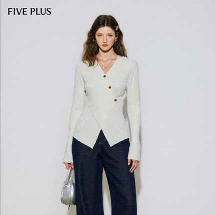 FIVE PLUS立体显瘦法式羊毛微喇袖口毛织套头衫女上衣26春新品