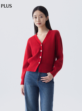 FIVE PLUS高级通勤风针织开衫女V领单排扣毛衣上衣