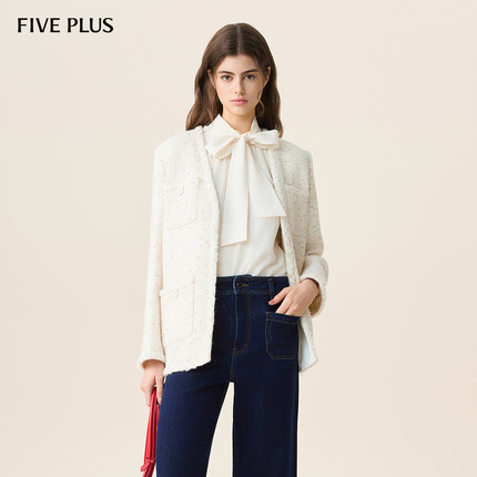 FIVE PLUS羊驼毛小香风外套女优雅通勤羊毛V领上衣