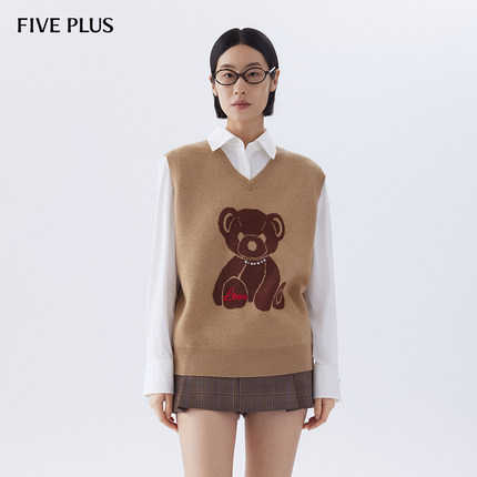 FIVE PLUS羊毛针织衫女V领马甲套头衫布朗尼通勤风针织马甲女冬装