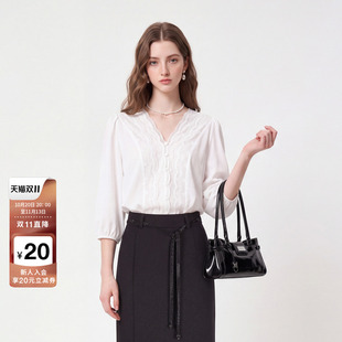 FIVE PLUS蕾丝V领显瘦上衣七分泡泡袖刺绣花边温柔气质通勤衬衫女