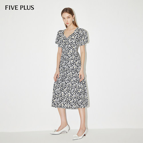 FIVE PLUS连衣裙女小雏菊印花裙子中长泡泡袖高腰女夏装