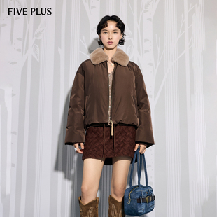 女冬装 复古设计感毛领休闲鸭绒面包服2025新款 PLUS羽绒美式 FIVE