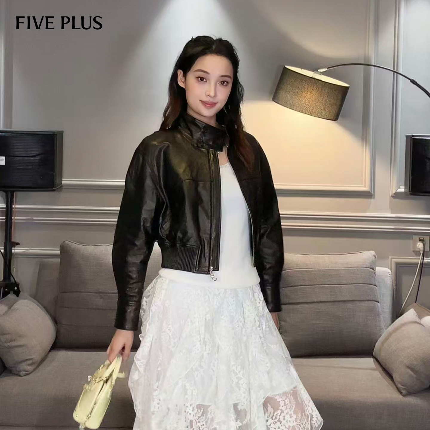 FIVEPLUS拉链口袋皮外套皮衣